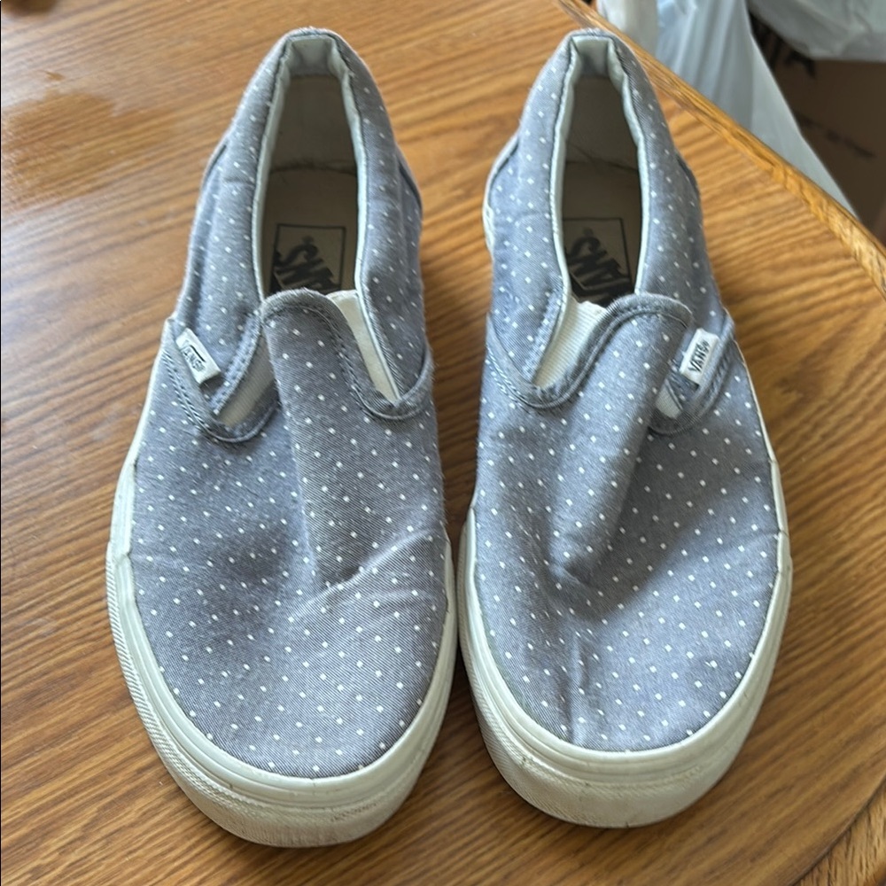Vans White and Blue Slip-On Sneakers